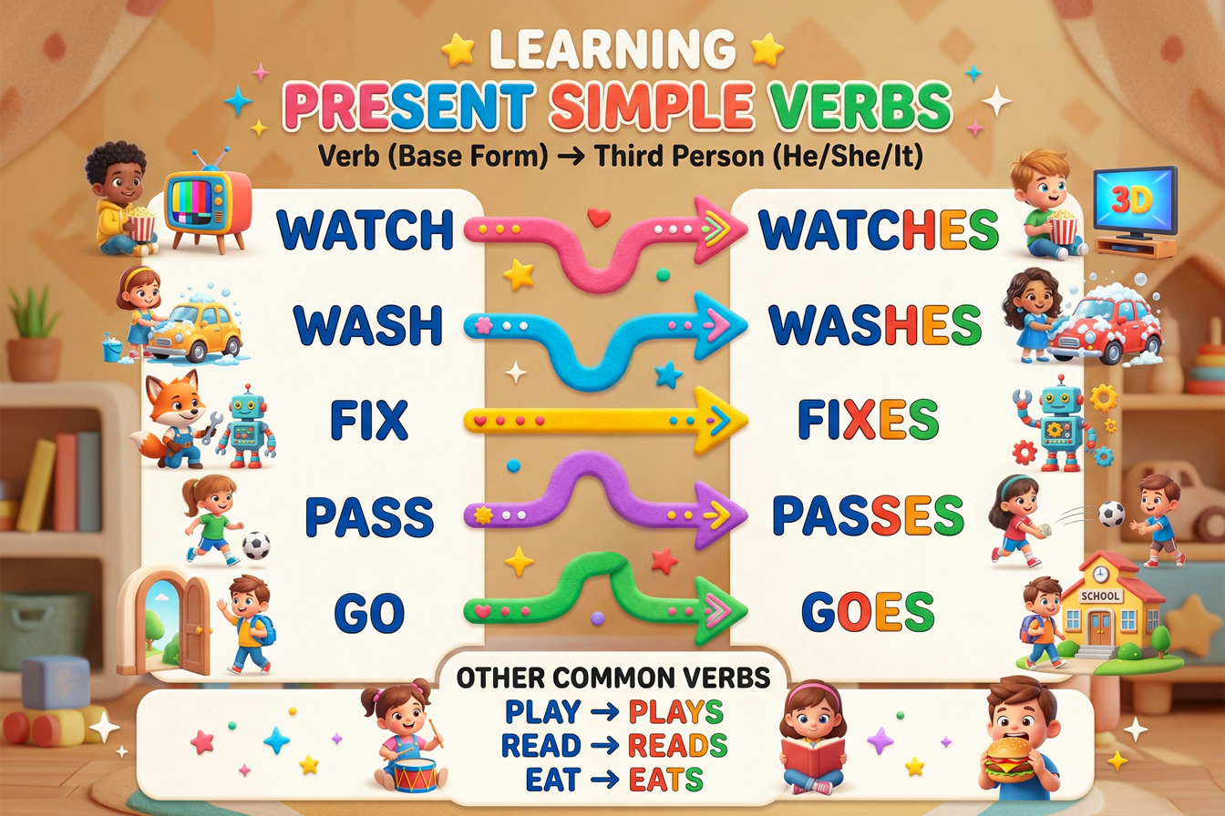 O diagramă colorată cu exemple vizuale de formare a verbului la present simple cu săgeți: watch → watches, wash → washes, fix → fixes, pass → passes, go → goes. Alte verbe obișnuite: play → plays, read → reads, eat → eats.