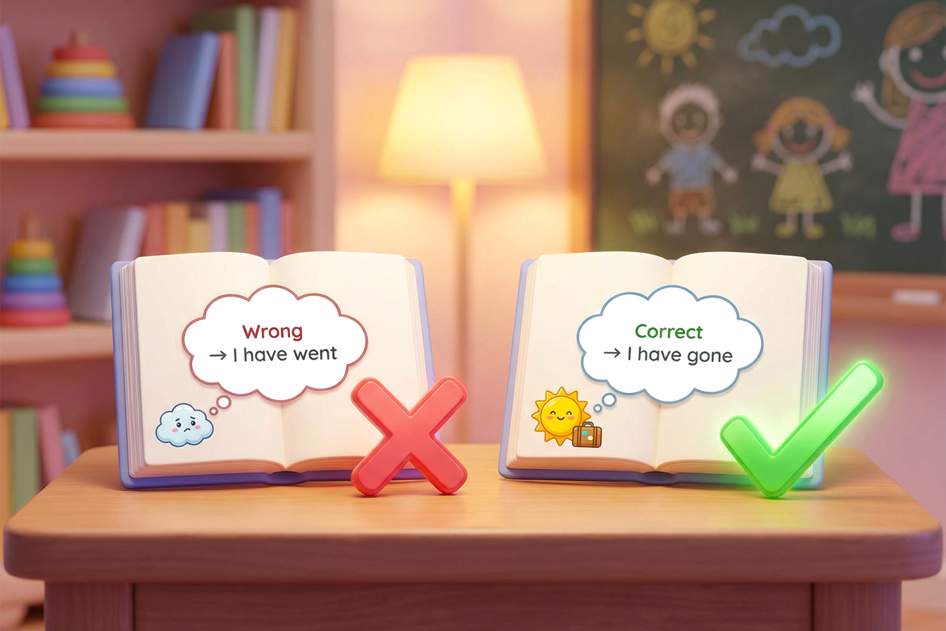 O imagine care arată vizual greșeala cu present perfect. Exemple vizuale: Greșit → I have went (marcat cu X roșu), Corect → I have gone (marcat cu ✓ verde)