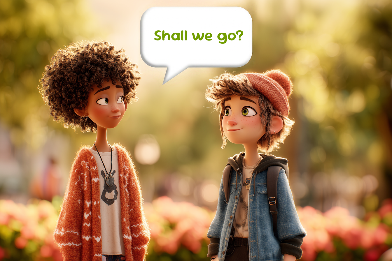 Doi prieteni discutând relaxat în parc, ilustrând o sugestie de tipul „Shall we go?”