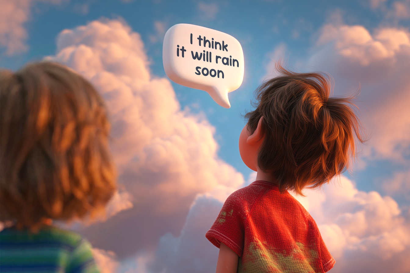 Un copil care se uită la cerul înnorat în timp ce se joacă cu un prieten afară și spune „I think it will rain soon.”