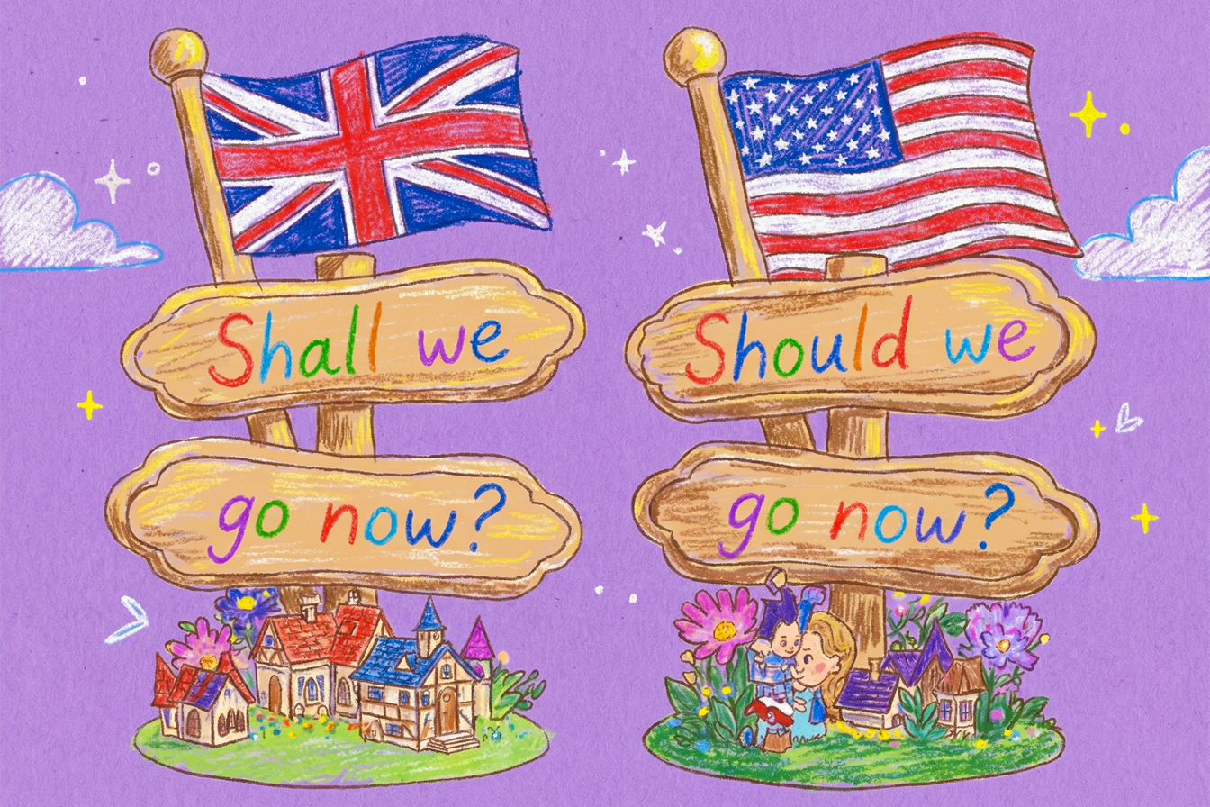 Ilustrație cu două întrebări și steagul respectiv pentru fiecare: steagul Regatului Unit deasupra întrebării „Shall we go now?” și steagul SUA deasupra „Should we go now?”