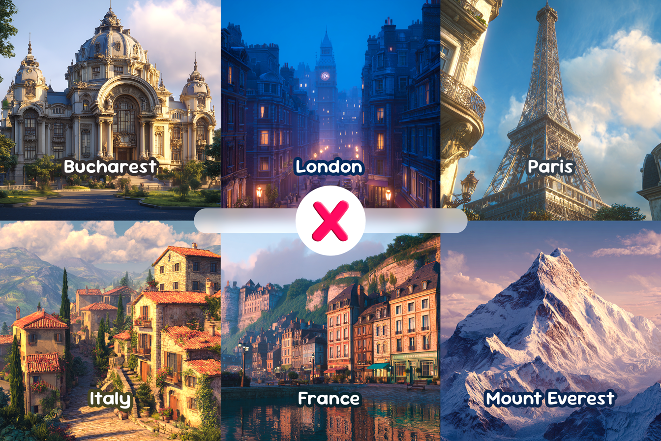 Colaj vizual cu orașe precum Paris, Bucharest și London, France și Italy, muntele cu numele Mount Everest, fiecare reprezentat printr-o ilustrație, cu simbolul X care arată că nu se folosește articolul „the” în fața lor