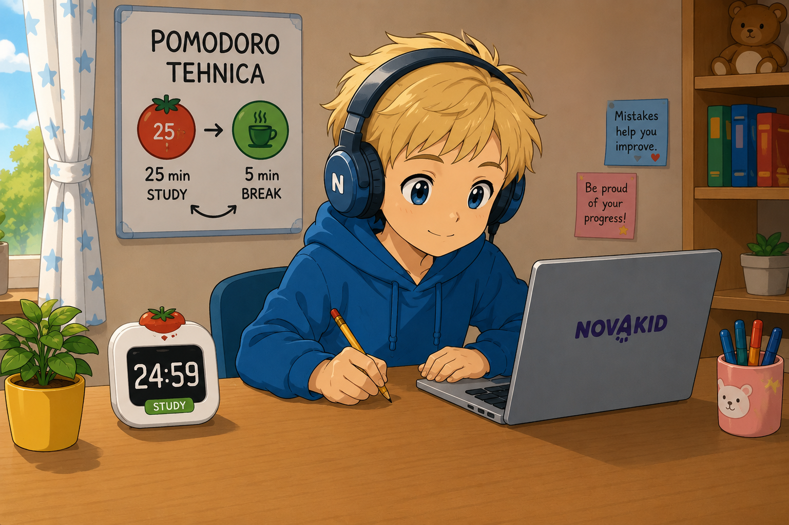 Copil învață engleza cu tehnica Pomodoro