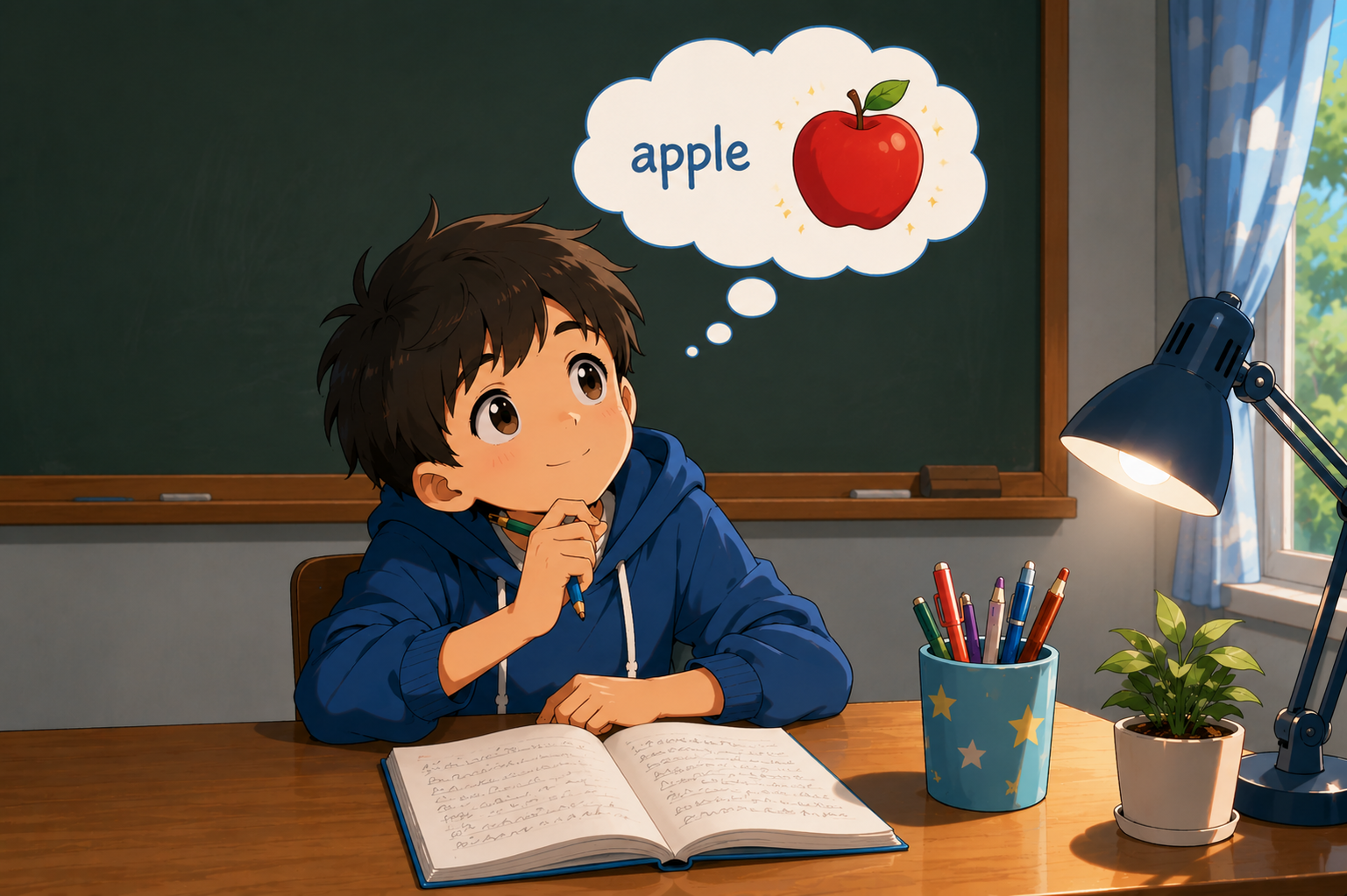 Copilul se gândește la cuvântul „apple” în engleză
