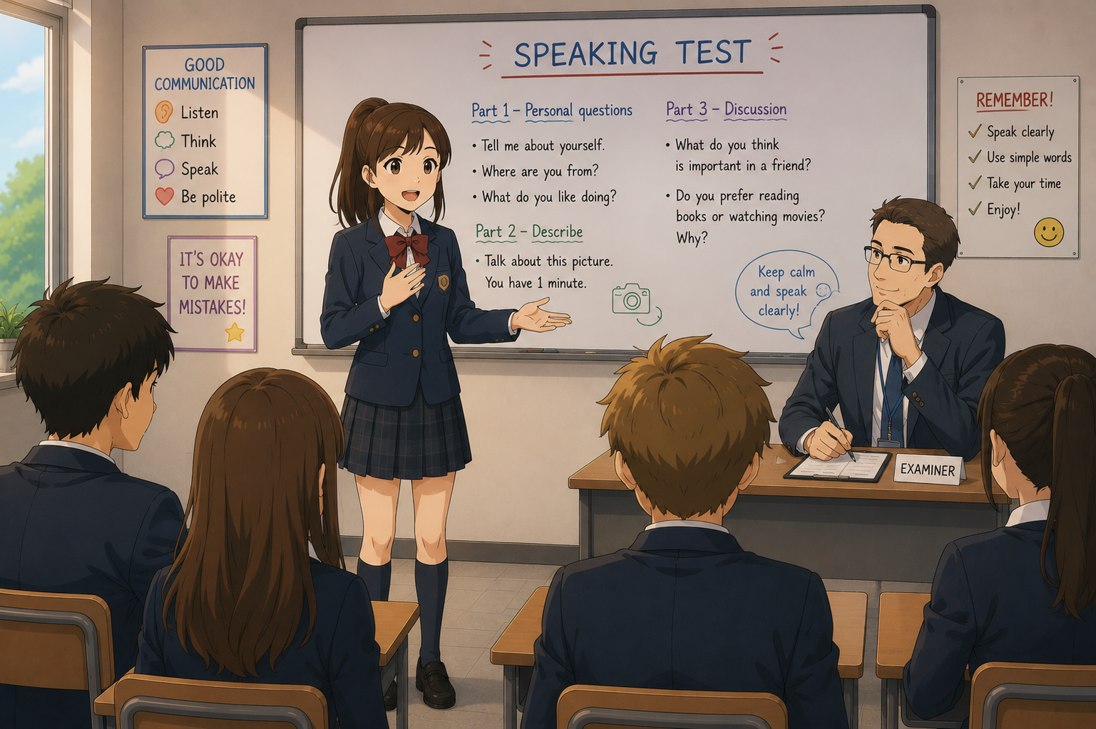 Elevă susține un examen oral la engleză în fața clasei