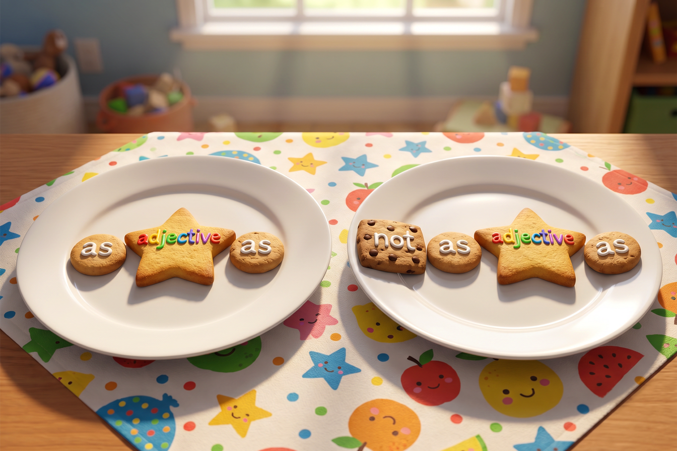 Ilustrație pentru copii cu două farfurii identice pe o masă una lângă alta. Pe fiecare farfurie sunt biscuiți cu structura “as + adjectiv + as”, fiecare cuvânt pe câte un biscuite, clar separat. Pe farfuria din dreapta, este adăugat un biscuite suplimentar cu „not”, înainte de primul „as”, modificând structura.
