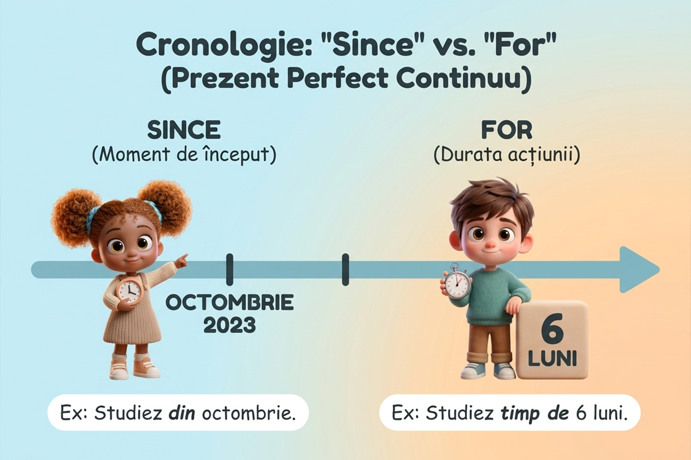 Cronologie care compară folosirea lui ”since” și ”for” în prezentul perfect