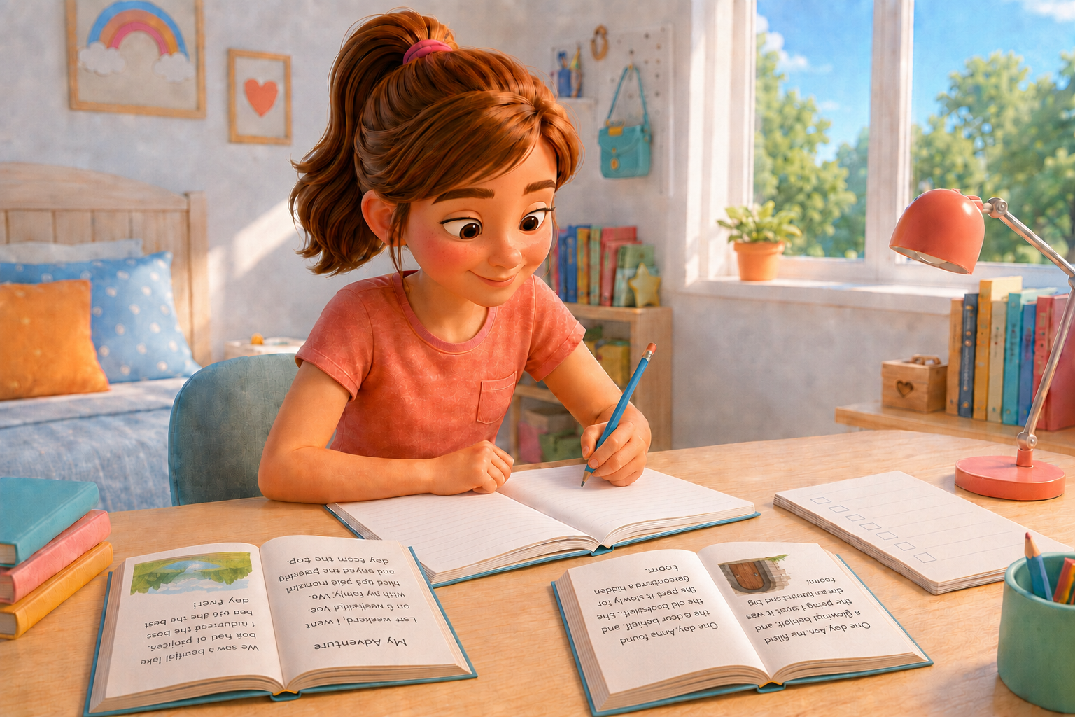 Elevă scrie un text în engleză la birou