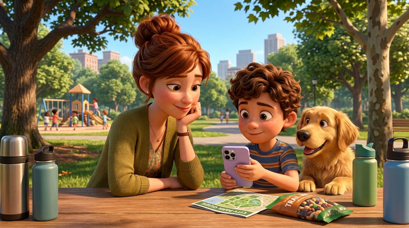 Mama stă cu copilul în parc, în timp ce el învață engleză pe telefon