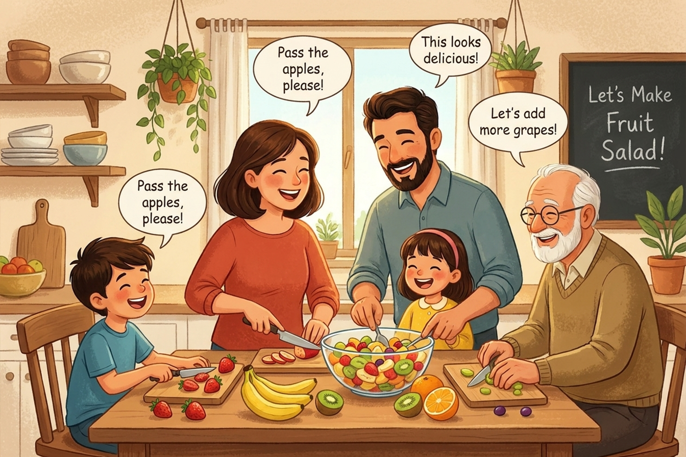 Aile birlikte meyve salatası hazırlıyor.