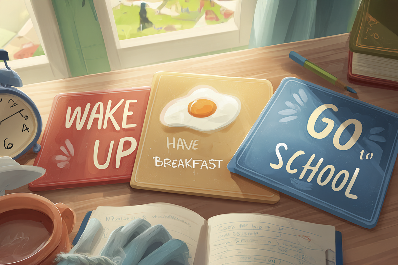 İngilizce günlük rutin fiillerinin yer aldığı flash kartlar