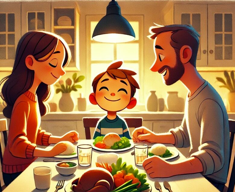 ebeveynler çocuklarıyla akşam yemeği yiyor