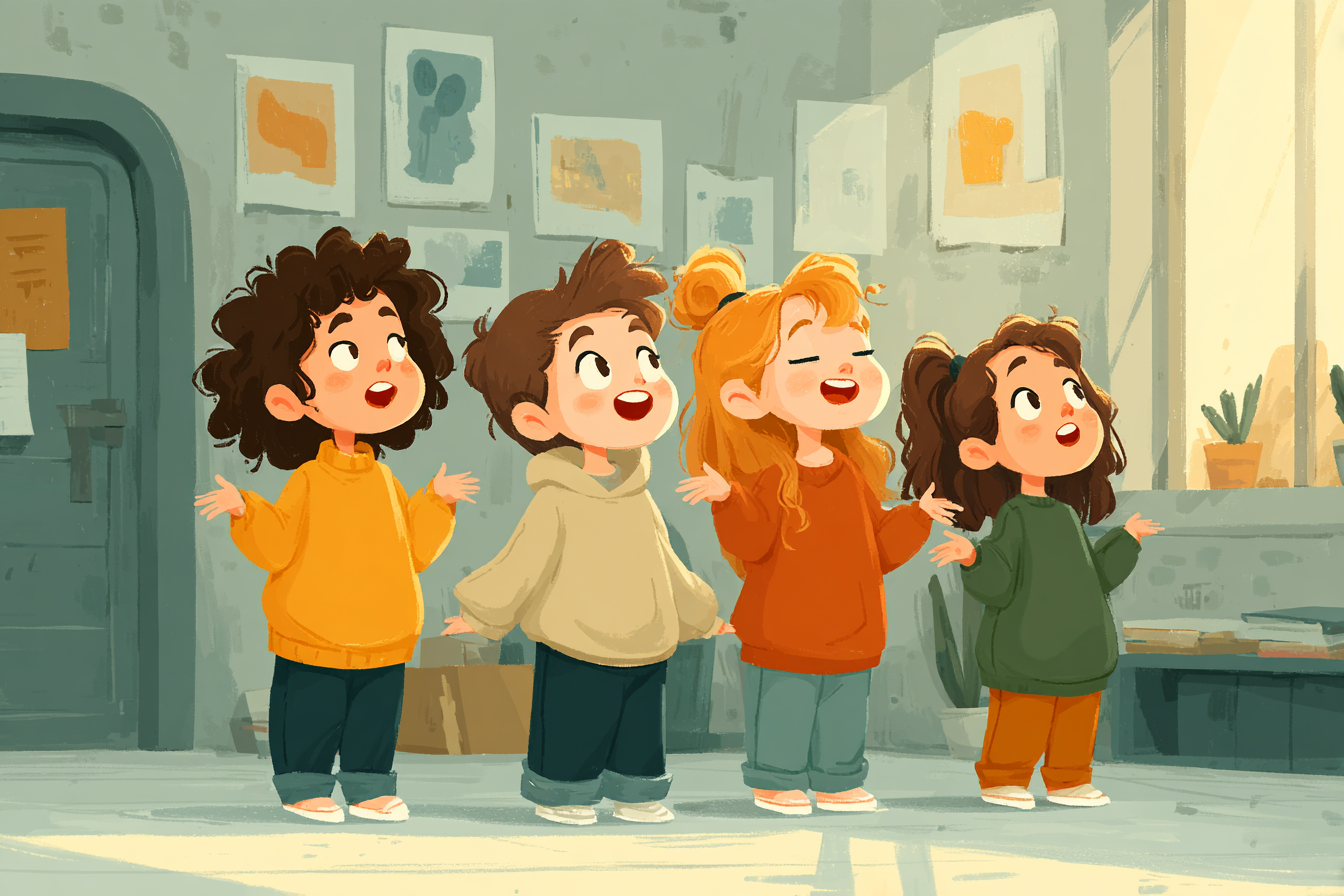 Sınıfta oyun tabanlı İngilizce etkinliğine katılan çocuk grubu.