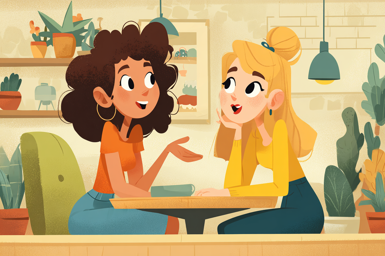 Bir kafede sohbet eden iki kadın