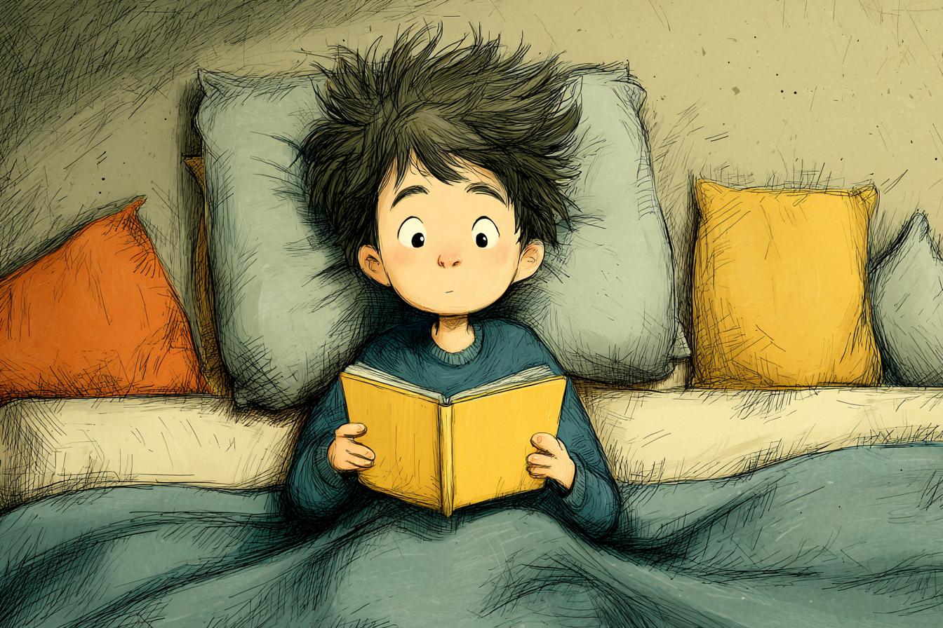 Kendi yatağında kitap okuyan bir çocuk