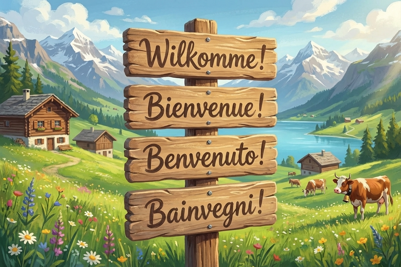 Alt alta İsviçre’nin dört resmi dilinde “Hoş geldiniz!” yazan bir tabela