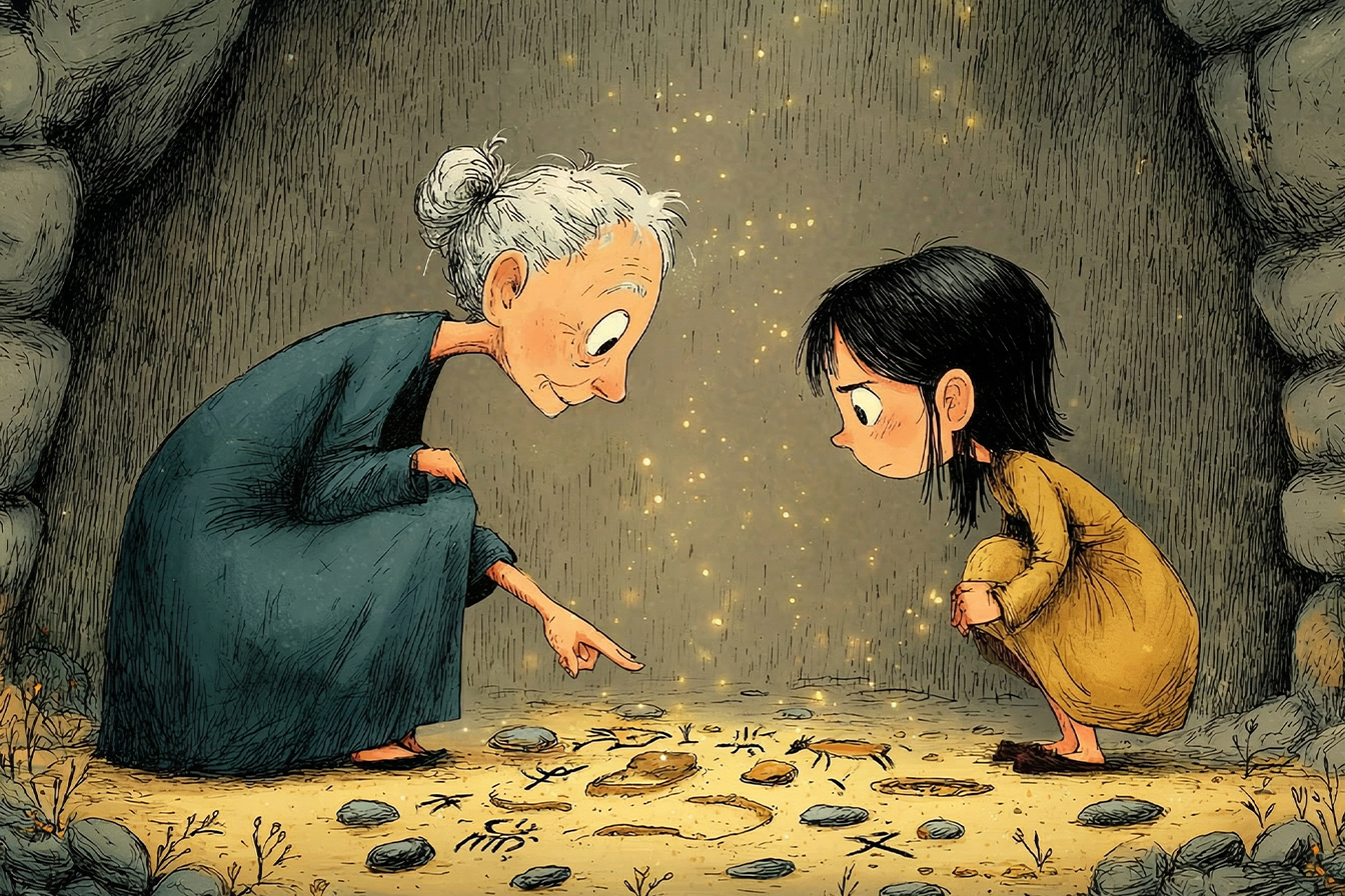 Bir mağarada genç kadına bildiklerini aktaran bir bilge kadın