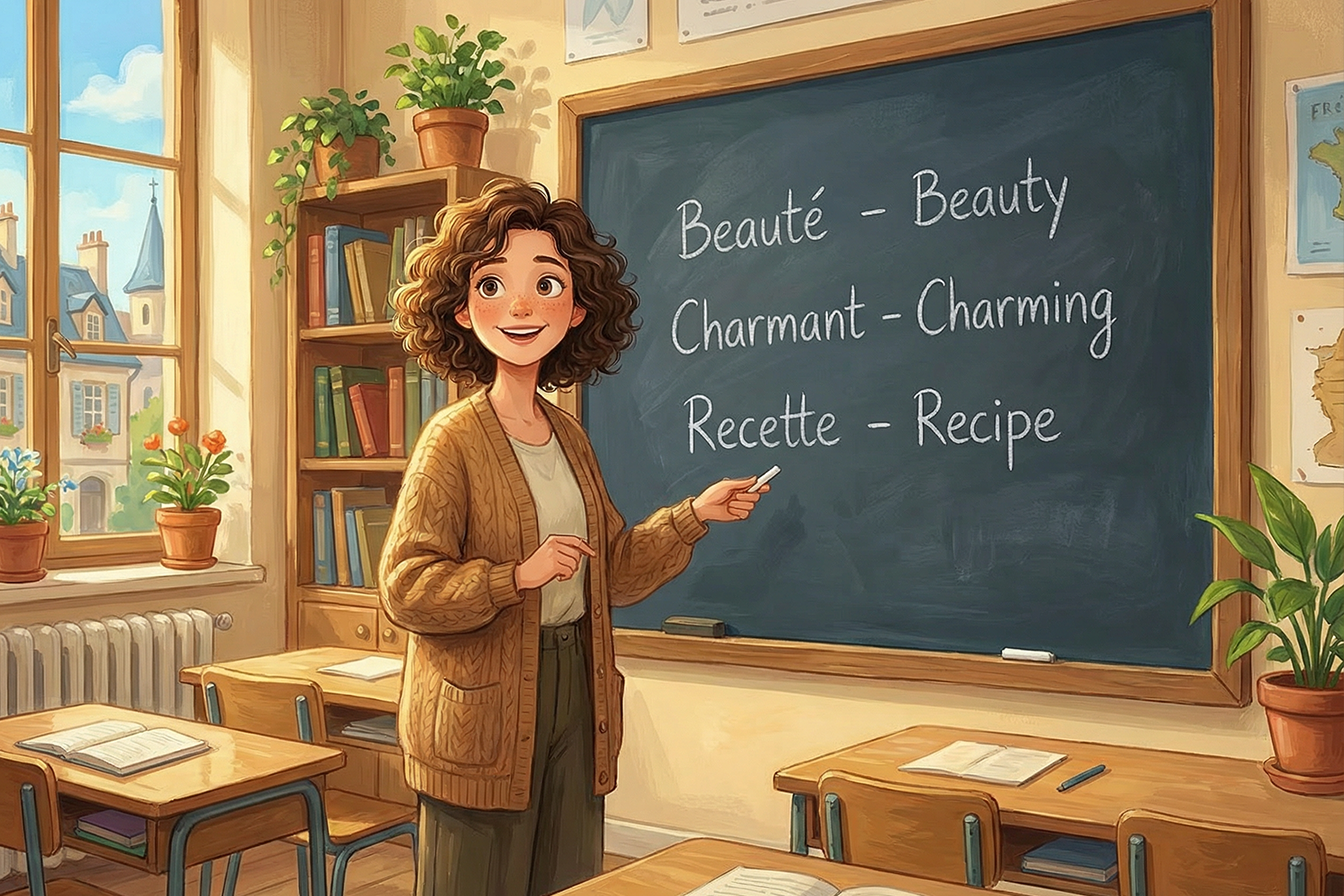 Fransızca ve İngilizcedeki ortak kelimeleri öğreten bir öğretmen.