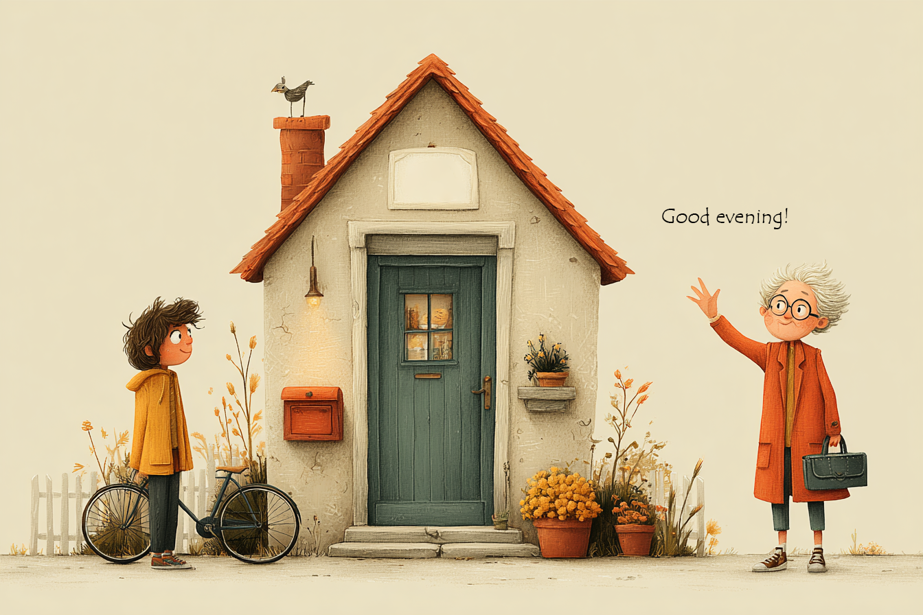 Eve girerken komşusunu selamlayan bir kadın.