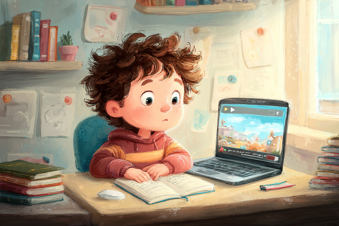 Bilgisayarından altyazıyla bir video izleyerek dinleme pratiği yapan bir çocuk.