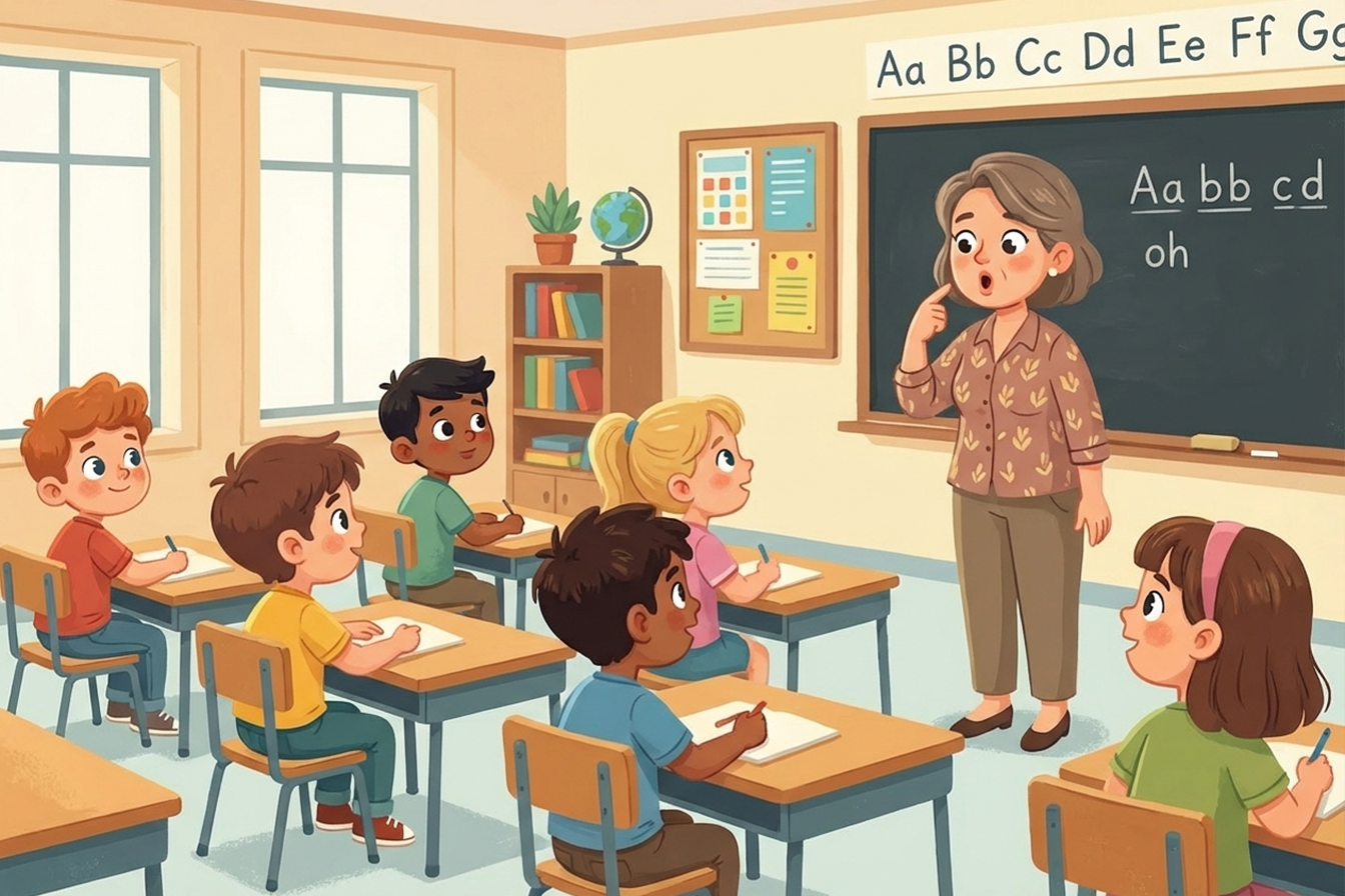 Uzun ‘o’ sesinin nasıl yapıldığını 6 kişilik sınıfına gösteren bir öğretmen