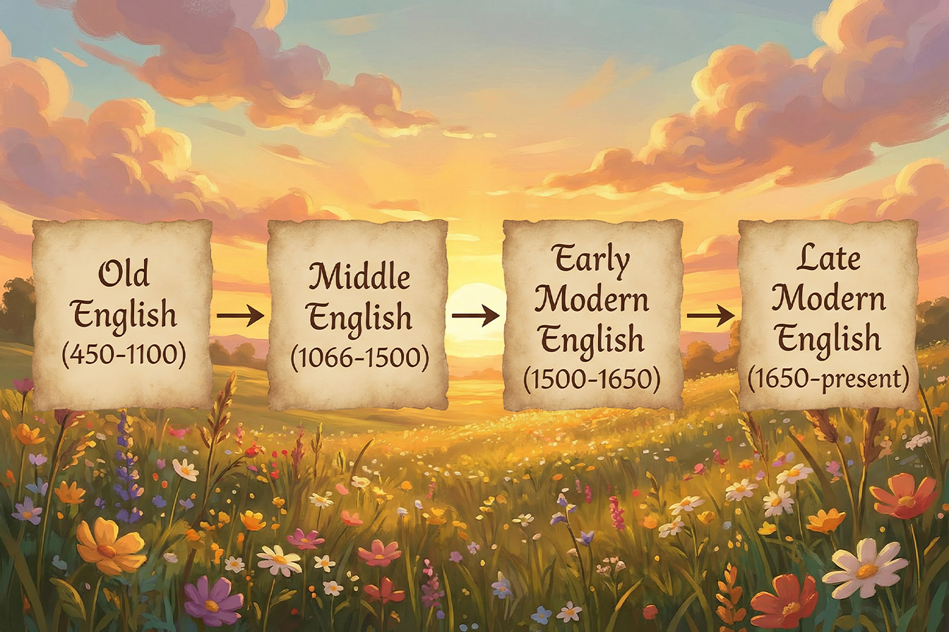 Eski İngilizceden Modern İngilizceye kadar İngilizcenin aşamalarını gösteren bir çizelge.