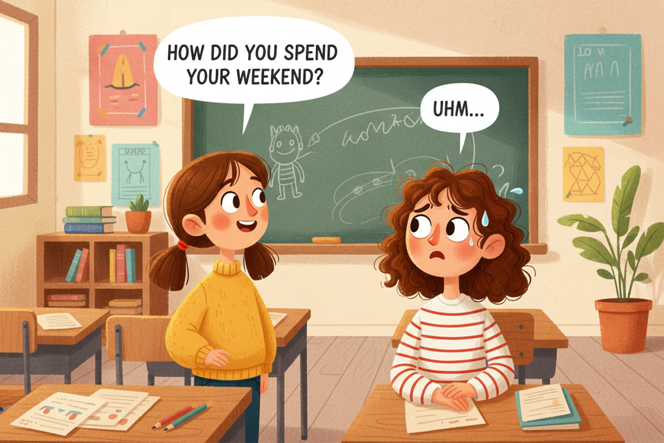 Bir sınıfta biri diğerine hafta sonunu nasıl geçirdiğini soran bir kız ve nasıl cevaplayacağını bilmeyen başka bir kız.