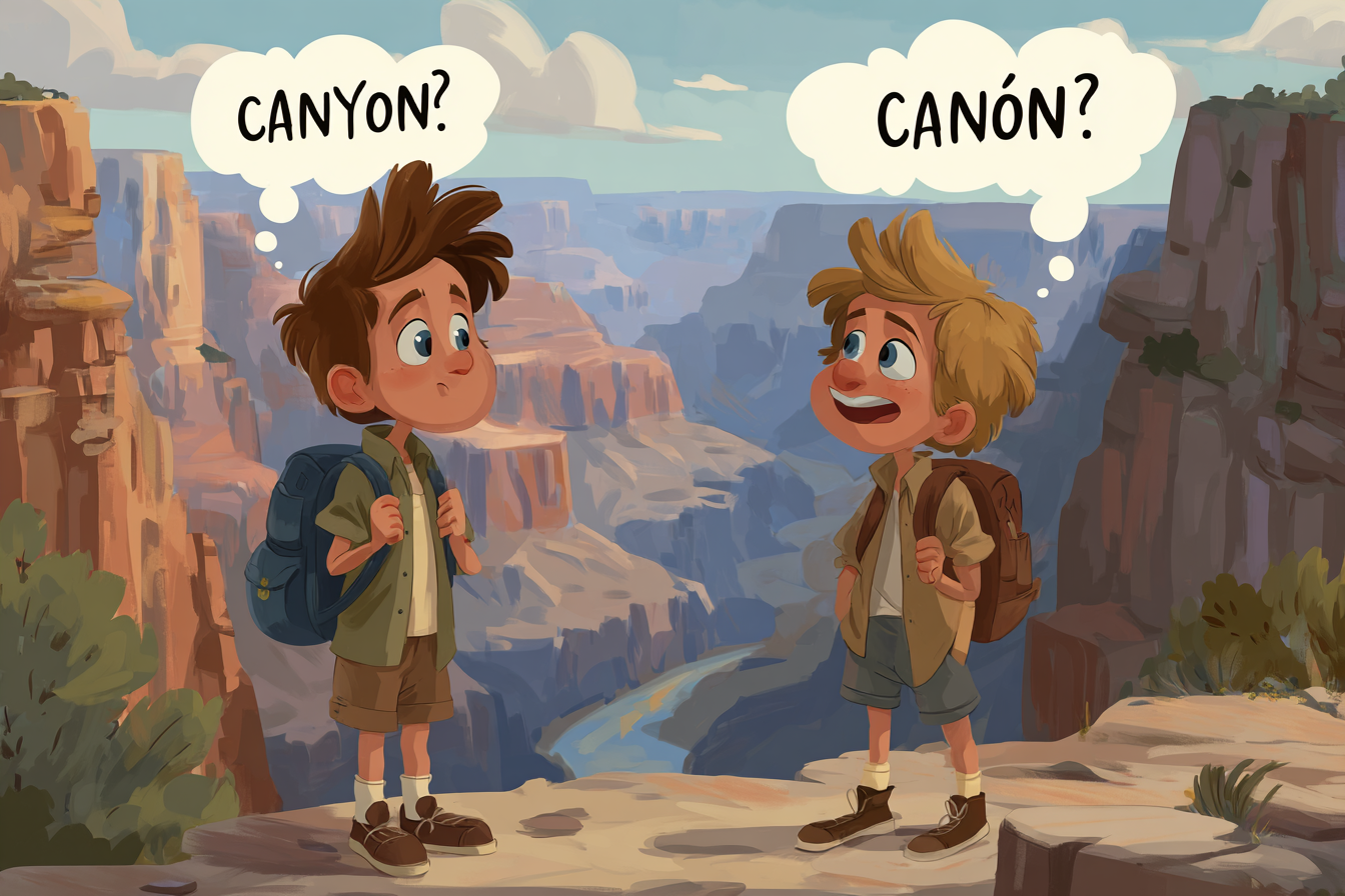 Büyük Kanyon’u ziyaret ederken kendi dillerinde kanyonun nasıl telaffuz edildiğini söyleyen iki çocuk.