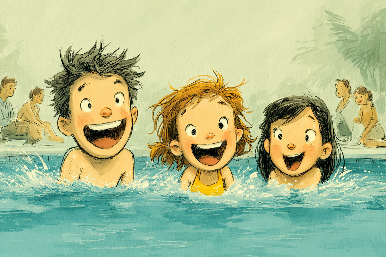 Havuzda birlikte yüzen üç çocuk ve onları izleyen ebeveynleri.