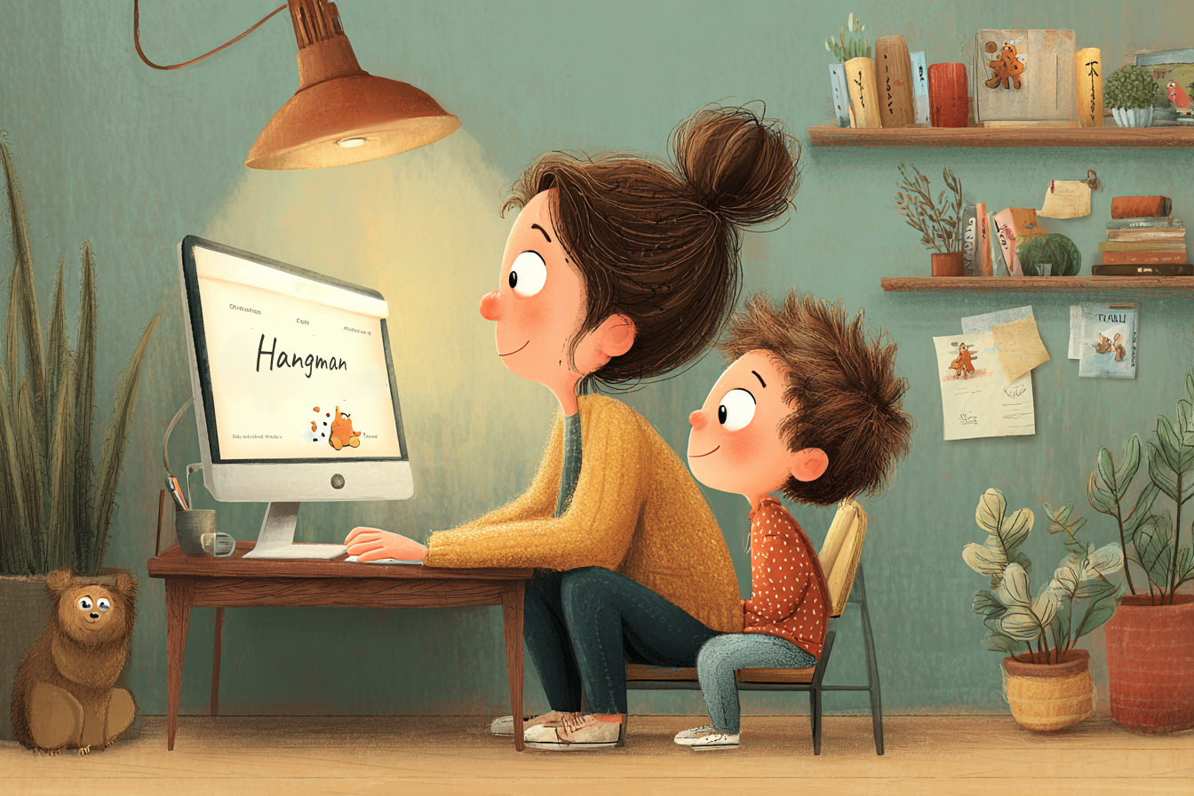 İnternet üzerinden Adam Asmaca oynayan anne ve çocuğu.