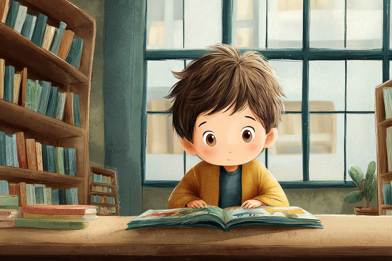 Çocuk kütüphanede kitap okuyor