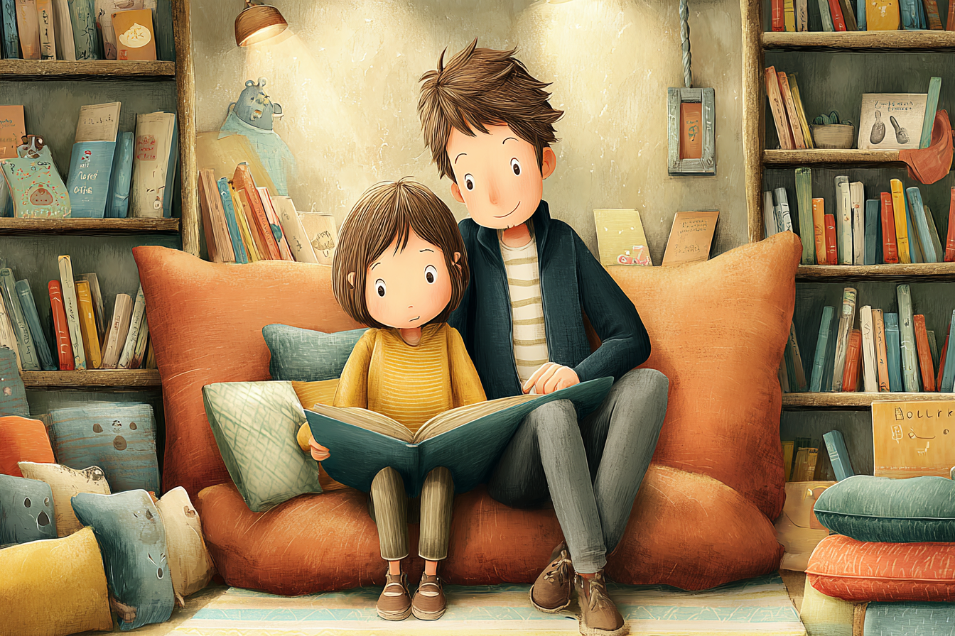 Ebeveyn çocuğa kütüphane kuralları öğretiyor