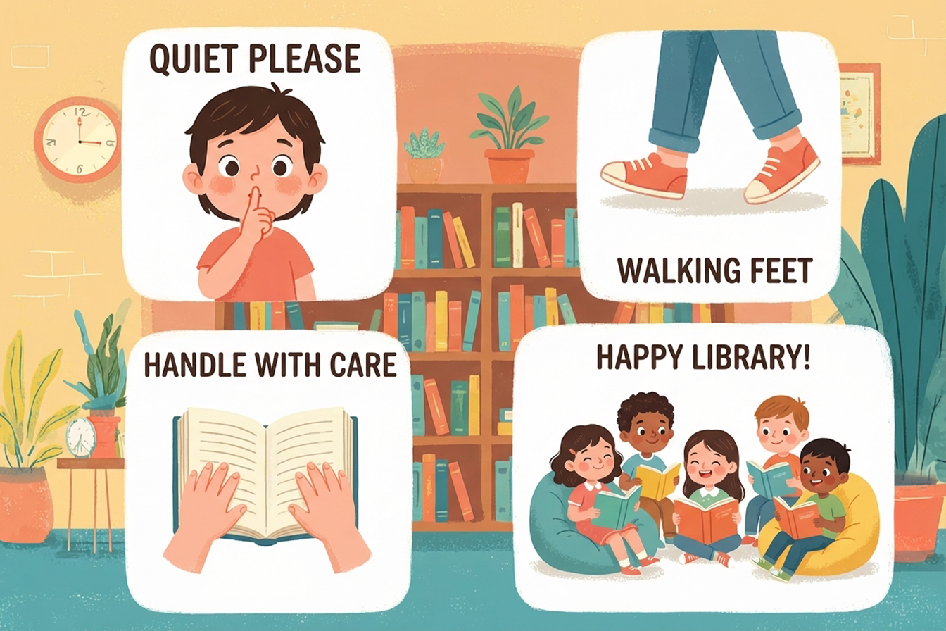 Kütüphane kuralları eğitim posteri