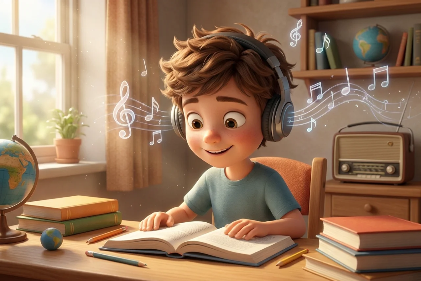 Ders çalışırken müzik dinleyen bir çocuk.