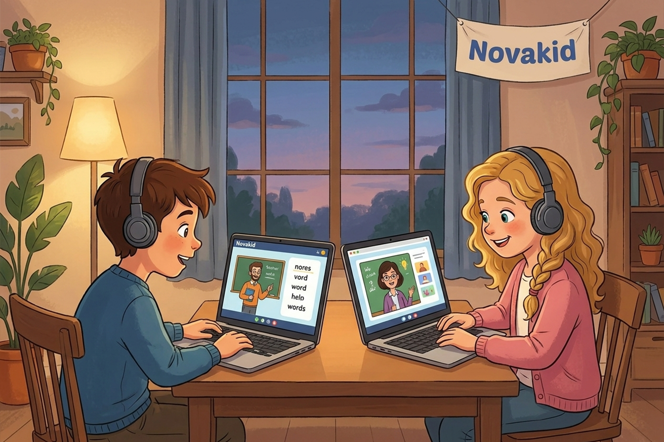 Novakid’den İngilizce dersi alan iki kardeş.