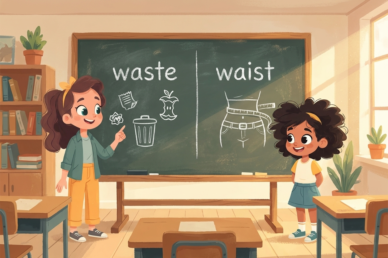 İngilizcede “waist” ve “waste” arasındaki farkları öğrenen bir sınıf.