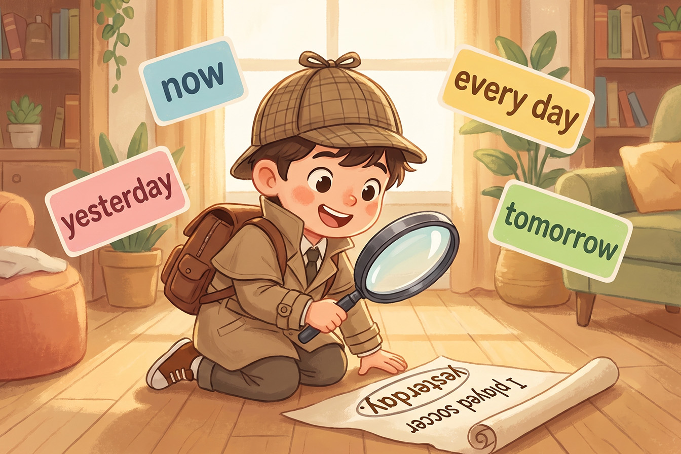 Dedektif gibi giyinmiş elinde büyüteç olan bir çocuk “now”, “yesterday”, “every day” gibi zaman zarflarını inceliyor.