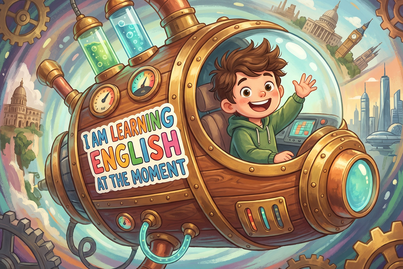 Zaman makinesi ve zaman zarflarını öğrenen mutlu bir çocuk.