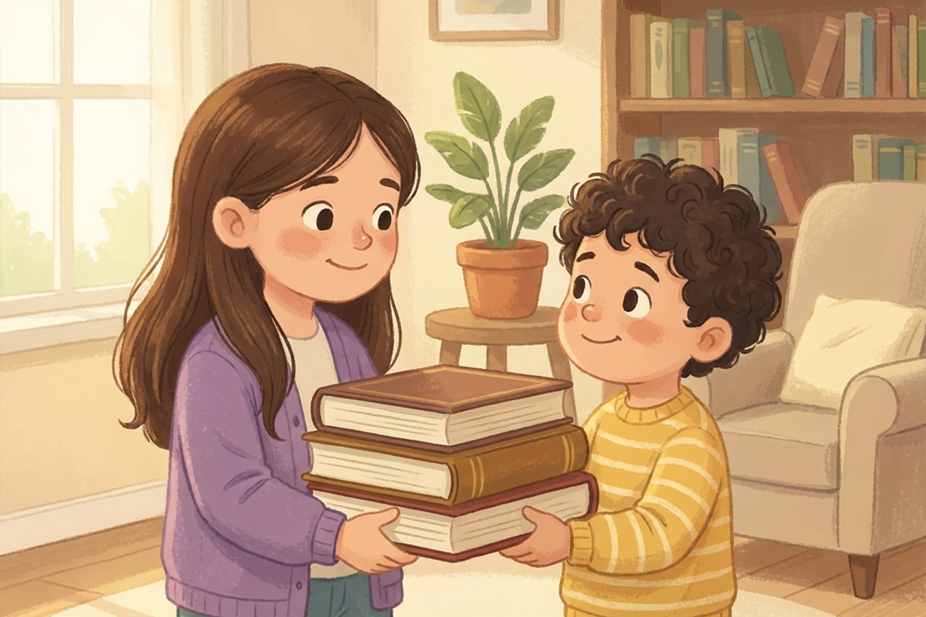 Birbirine yardım eden iki çocuk, iki üç üst üste dizili kitabı birlikte taşırken birbirlerine gülümsüyor.