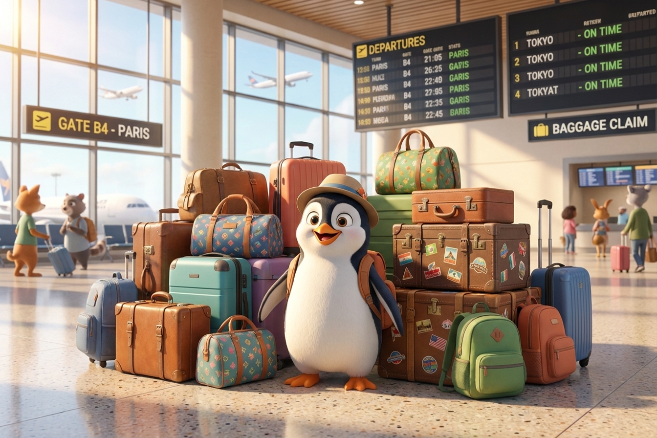 Havaalanında bavulları ile bekleyen penguen