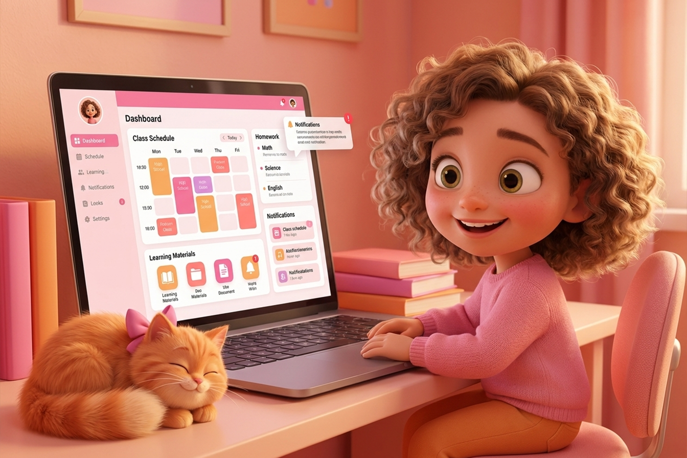 Bir çocuk, ders programı, ödev ve öğrenme materyallerini gösteren dijital okul uygulamasını laptop üzerinden kullanıyor.