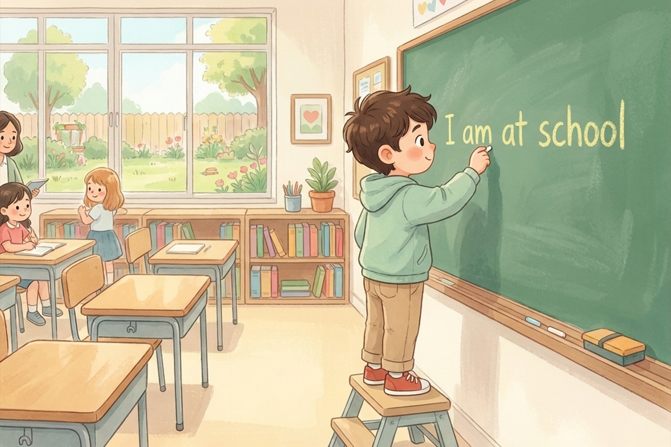 Sınıfta tahtaya “I am at school” yazan bir çocuk