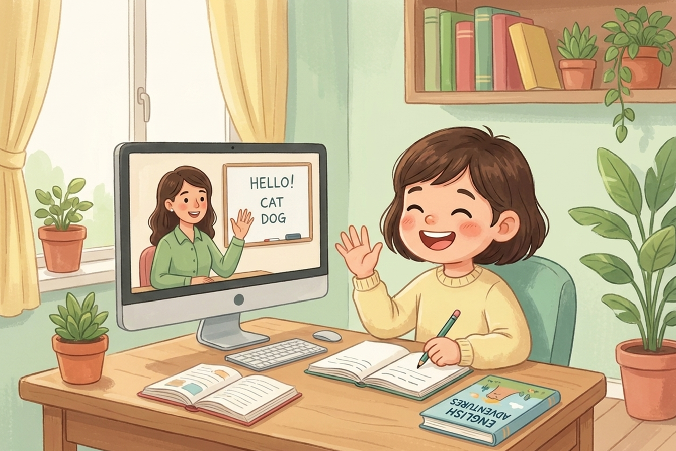 Online İngilizce dersi yapan mutlu bir çocuk ve bilgisayar ekranında öğretmeni.