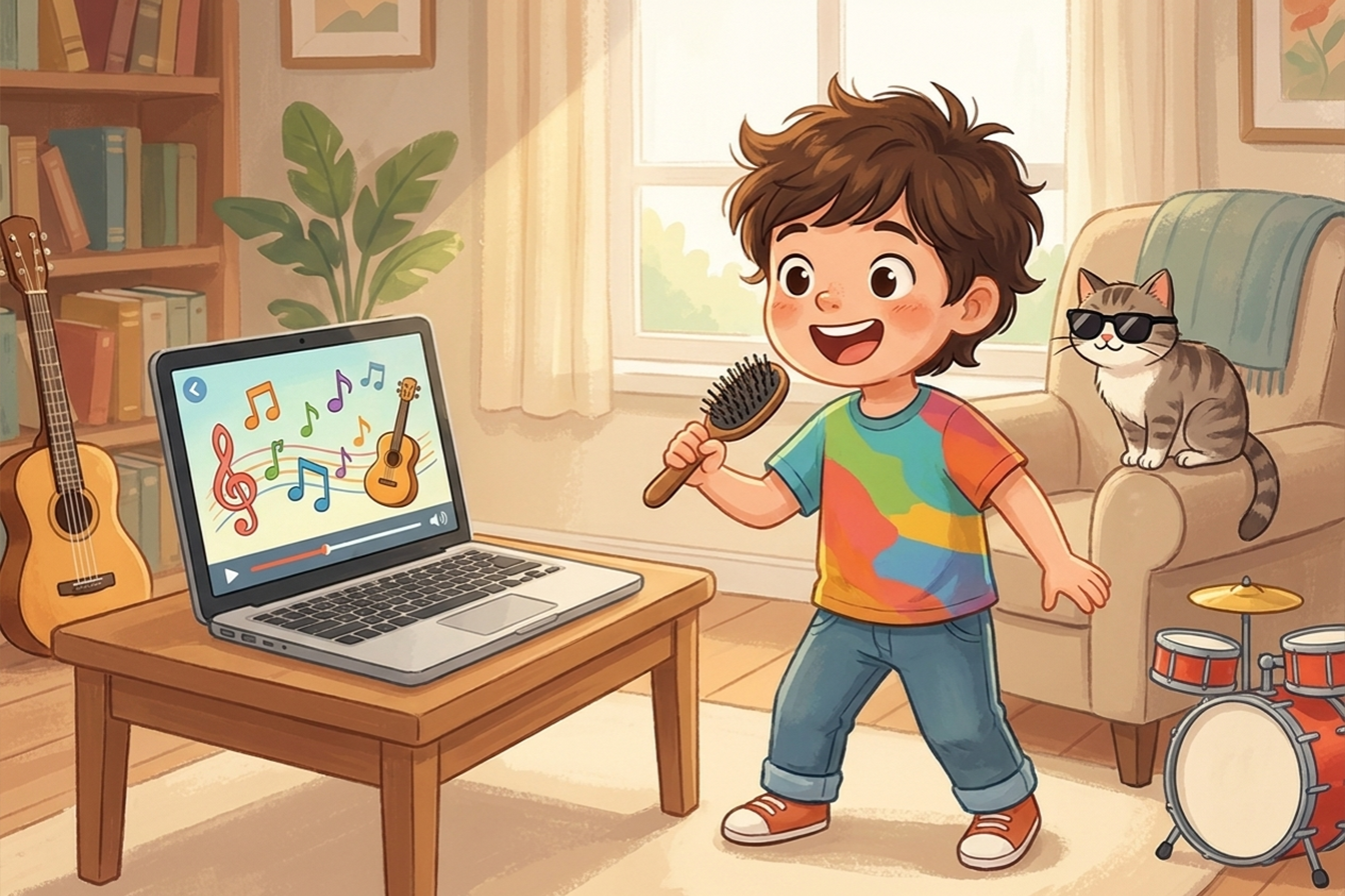 Bir çocuk, saç fırçasını mikrofon gibi kullanarak şarkı söylüyor; laptop ekranında ise eğlenceli bir İngilizce şarkı videosu yer alıyor.