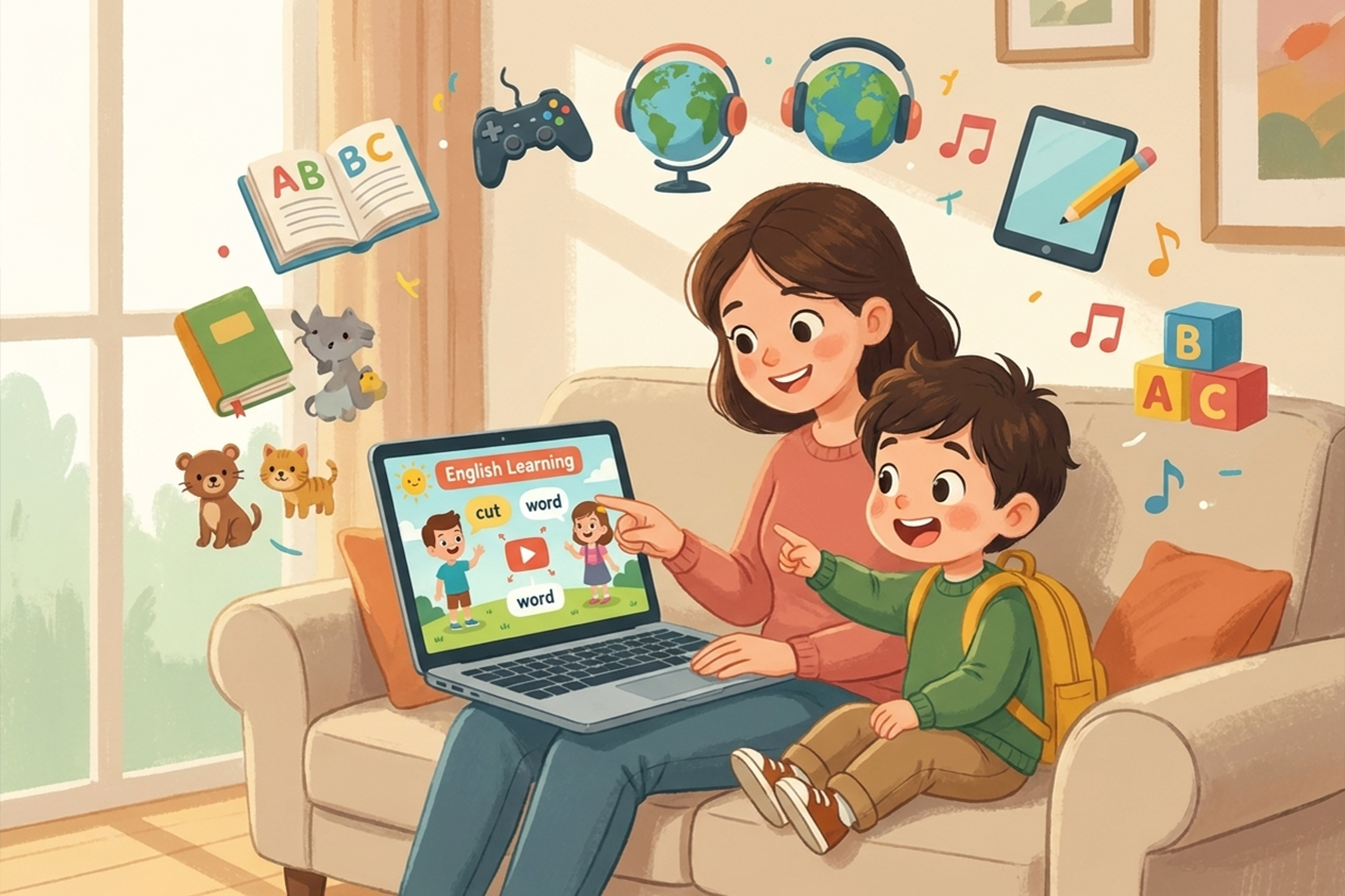 Çocuğu için uygun İngilizce öğrenme programını birlikte seçen anne ve çocuk.